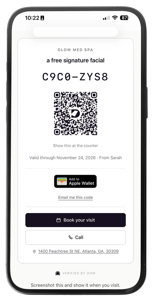 A claimed offer code with a QR and an Add to Apple Wallet button.
