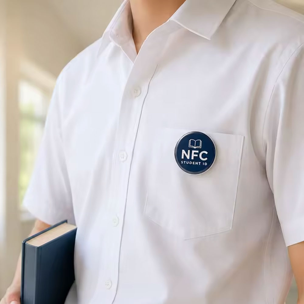 A round navy NFC pin badge worn on a white shirt pocket.